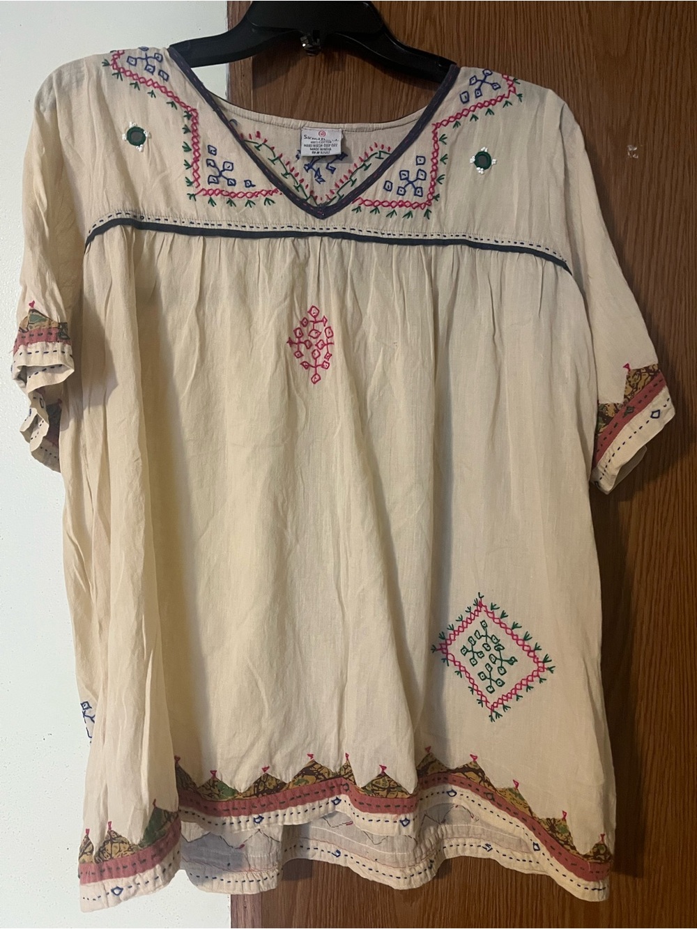Sweet Threads Cream Embroidered Peasant Top with Colorful Folk Stitching
